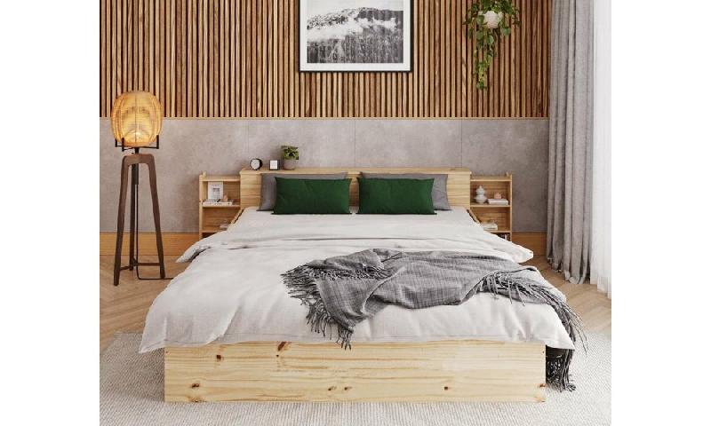 PACK LIT AVEC TÊTE DE LIT RÉTRACTABLE BELOKAN + MATELAS  BOIS NATUREL 140X200 CM/OPT:SANS RANGEMENT