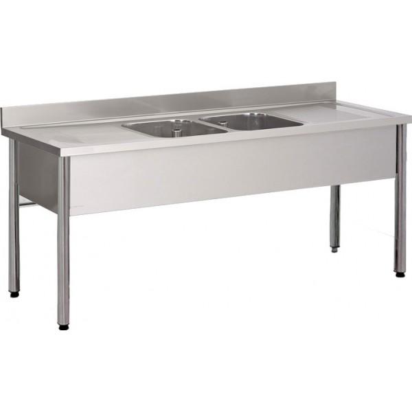 Plonge démontable inox ferritique - 2 bacs, 2 égouttoirs, pieds ronds, sans étagère - Profondeur 700 mm_0