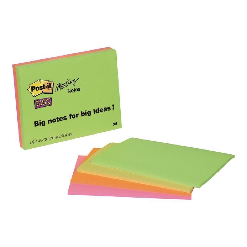 POST-IT® BLOC DE NOTES ADHÉSIVES (6845-SS EU) SUPER STICKY - 149 X 200 MM - COULEUR : ASSORTIES