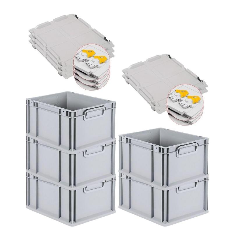 PROREGAL 5x Bac Euro NextGen Economy couvercle à charnières, fermetures à glissière jaunes, poignées fermées, 22x30x40cm, 20L - noir plastique R_0