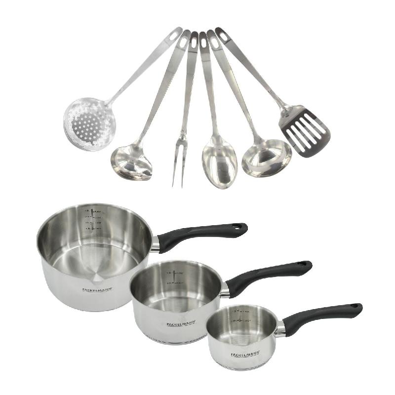 Set 3 casseroles 12 16 et 20 cm en inox et 6 ustensiles inox Fackelmann Geneva - gris inox 3176239944600_0