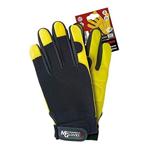 REIS RMECHL Mechanics - Lot de 12 gants de protection en cuir de vachette souple noir/jaune - Fermeture Velcro - Taille_0