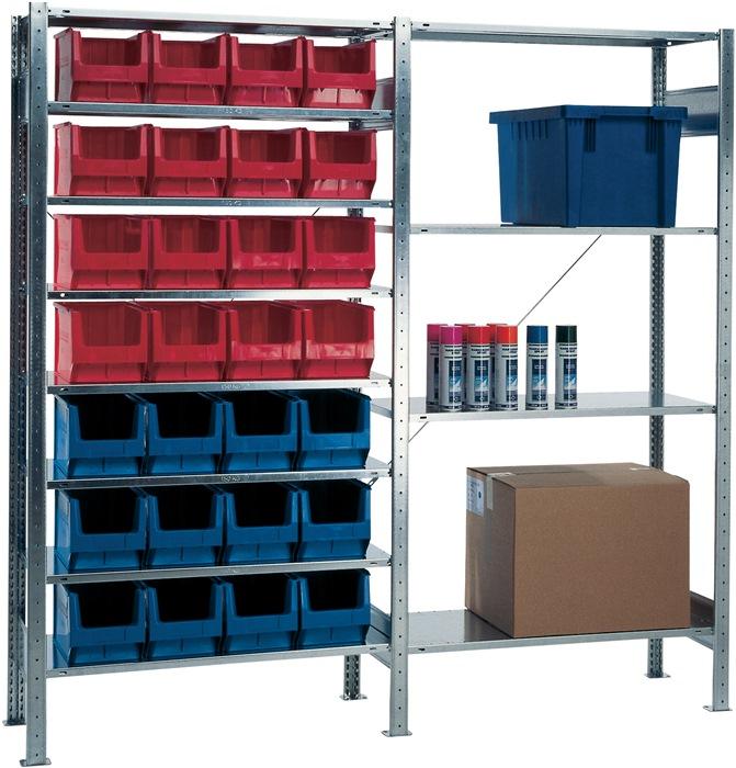 Étagère à emboîter H2000 x L1000 x P400 mm - Étagère de base avec 8 supports en acier - 12 x MK3 bleu, 16 x MK3 rouge - Boîtes de rangement PROMAT_0
