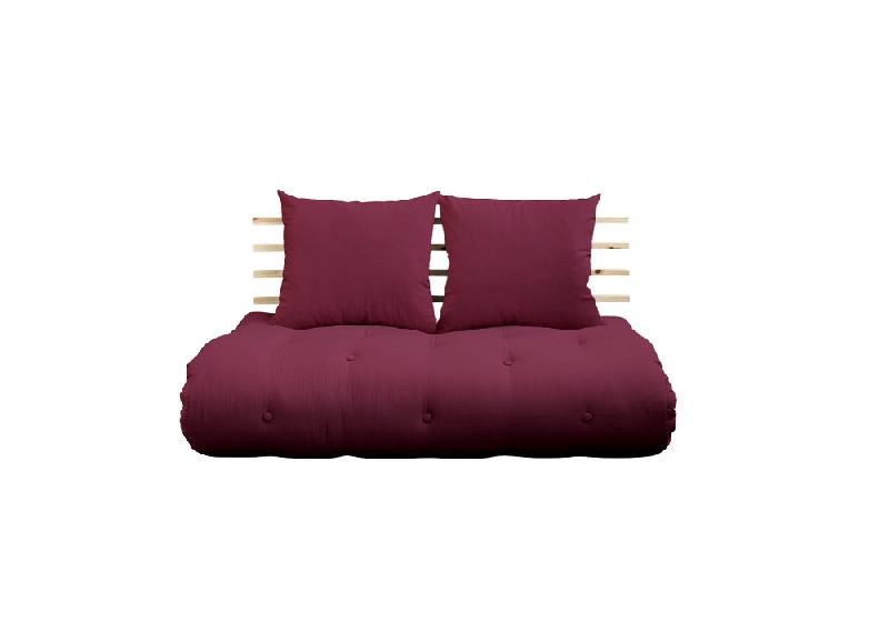 CANAPÉ LIT FUTON SHIN SANO BORDEAUX ET PIN MASSIF COUCHAGE 140*200 CM._0