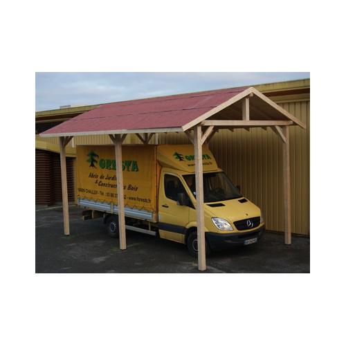 Abri camping-car en bois traité - Sapin du Nord - Dimensions 400x630x492 cm - Bardeau bitumé - 6 poteaux avec platines métalliques_0