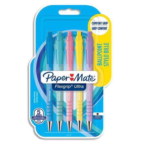 BLISTER DE 5 BILLE PAPERMATE FLEXGRIP ULTRA PASTEL RETRACTABLE - ENCRE NOIRE - POINTE 1.0 MM - CORPS PASTEL