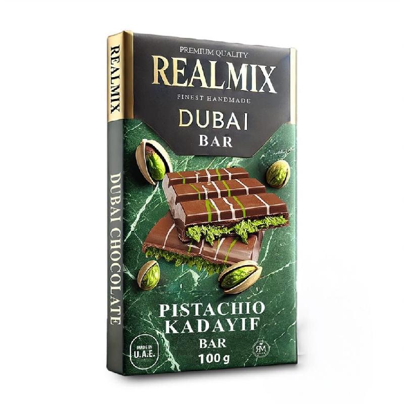 Carton de 30 tablettes | REALMIX Chocolat au Lait Dubaï avec pistaches et remplissage Kunafa | Fabriqué à Dubaï U.A.E. | 100 g - 9120060950754_0
