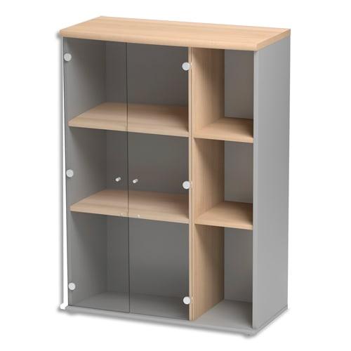 Gautier Office - Rangement mi-haut 2 portes vitrées Jazz, hêtre/gris clair - L80 x H114/112 x P39 cm_0