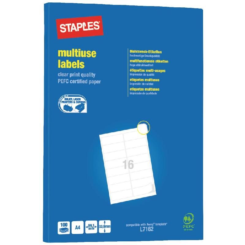 STAPLES ETIQUETTE MULTI-USAGES BLANCHE - STAPLES  - 99,1 X 33,9 MM - BOÎTE DE 1600 ÉTIQUETTES