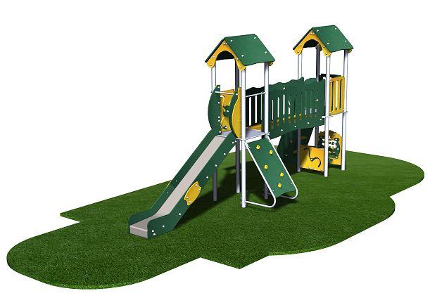Structure de jeux inox gamme Alpha AL21203I - 2 tours et passerelle avec toboggan et mur d'escalade_0