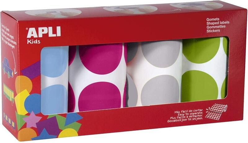 Apli Pack de 4 x 354 gommettes rondes, diam. 45 mm, en rouleau, coloris assortis - 8410782183013_0