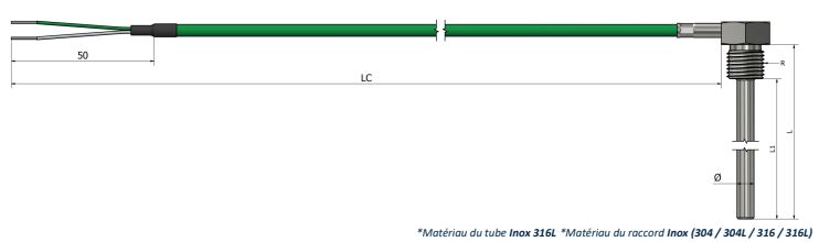 Thermocouple à visser - Raccord fixe avec câble de prolongation à 90° - Type K, N, J, T, E, R, S, B - Classe 1 et 2_0