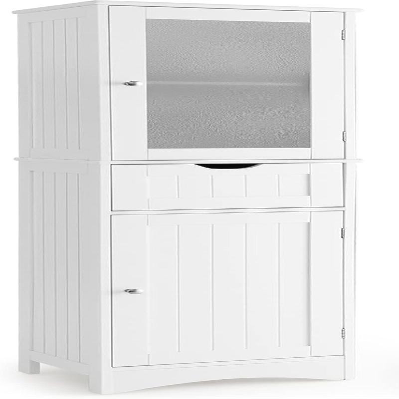 COSTWAY Armoire haute bain 170cm avec tiroir, étagères réglables et porte vitrée, bois, blanc - blanc Bois manufacturé VH32891IT_0