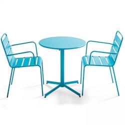 Oviala Business Ensemble table de terrasse et 2 fauteuils métal bleu - Oviala - bleu acier 105406_0