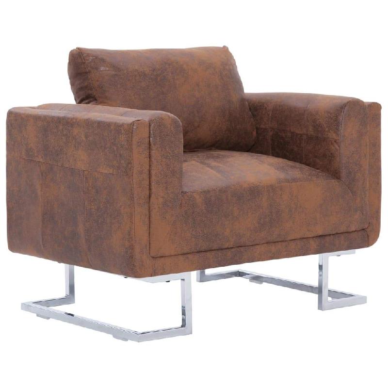 Fauteuil lounge design cube marron en synthétique daim - cadre bois robuste et pieds chromés_0