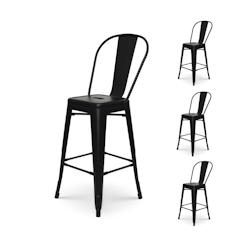 Kosmi Lot de 4 tabourets de bar en métal noir mat style industriel - Dossier haut - Hauteur 66cm - 3760301697466_0