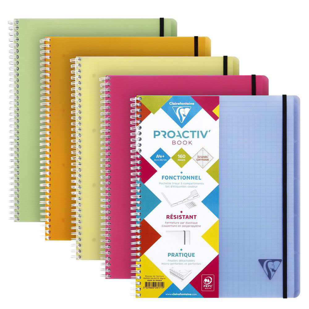CAHIER SPIRALES PROACTIV'BOOK LINICOLOR CLAIREFONTAINE - FORMAT A5+ - 16 X 21 CM - FERMETURE PAR ELASTIQUE - 180 PAGES - 90G - PETITS CARREAUX 5X5 - COLORIS FRESH