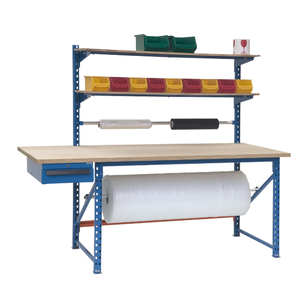 Poste d'emballage équipé de plateau multipli-hêtre, de 2 tablettes supérieures multipli-hêtre , de 2 tubes support rouleau et d'un tiroir hauteur -  réf. PETPC_0