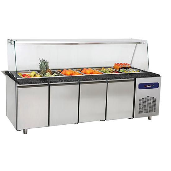 Table de préparation réfrigérée avec 4 portes et structure en verre, 6x gn 1/1 h=100 mm - IEC0052_0