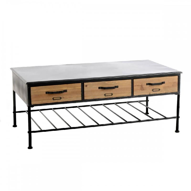 141446 - Table basse indus rétro 3 tiroirs - bois et métal, style industriel et colonial, 110x62 cm_0