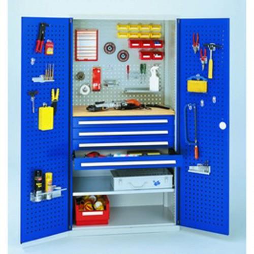 Armoire d'atelier à tiroirs - Portes perforées Rasterplan - H1950xL1000xP600mm - 3 tiroirs et 2 tablettes - Portes bleu gentiane RAL 5010_0