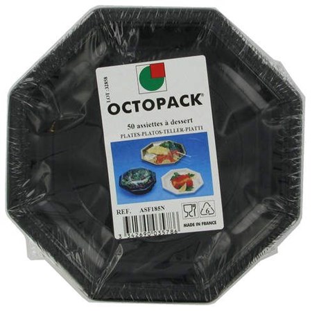 ASSIETTE PLASTIQUE JETABLE OCTOGONALE NOIR 18.5 CM (VENDU PAR 50)