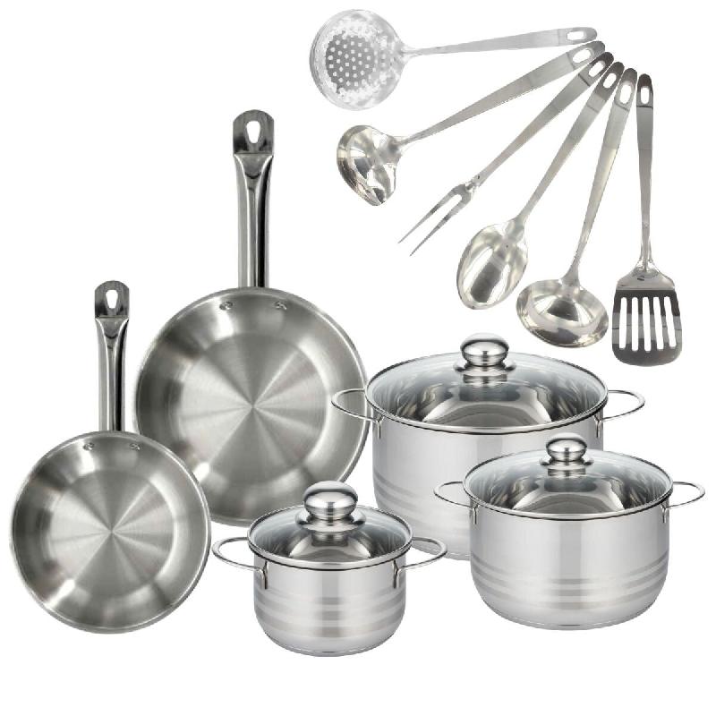 Batterie de cuisine avec 2 poêles 20/24 cm et 3 faitouts 20/24 cm avec 6 ustensiles de cuisine Fackelmann Etherna Brillant Oxford - gris inox 3176239_0