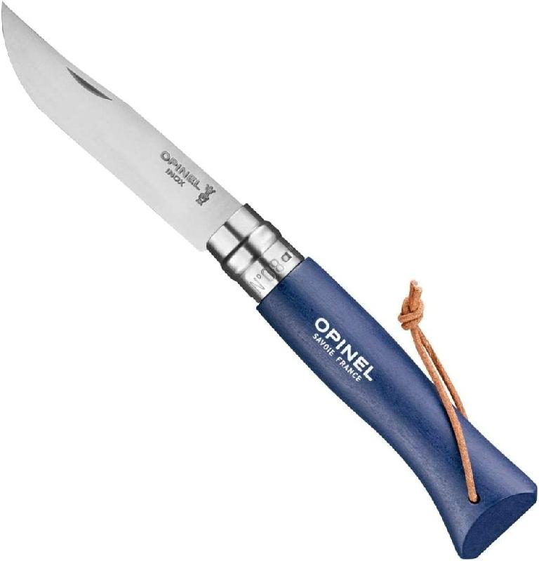 COUTEAU DE POCHE N°8 MANCHE EN BOIS BLEU ET LIEN EN CUIR - LAME INOX 8.5CM - OPINEL - BAROUDEUR