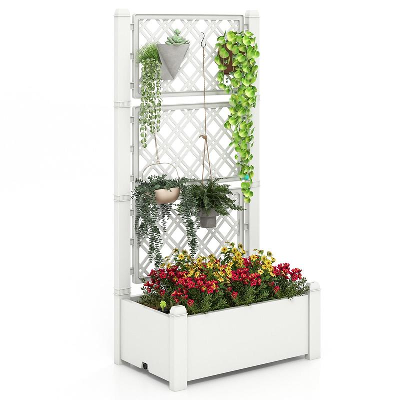 JARDINIÈRE AVEC TREILLIS À 3 HAUTEURS À ARROSAGE AUTOMATIQUE LIT DE JARDIN SURÉLEVÉ AVEC INDICATEUR DE NIVEAU D\'EAU BLANC ET GRIS 20_0008635_0
