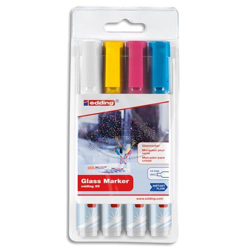 POCHETTE EDDING 4 MARQUEURS E-95 POUR TABLEAU EN VERRE CLAIR - COLORIS ASSORTIS : NOIR,JAUNE,BLEU,ORANGE