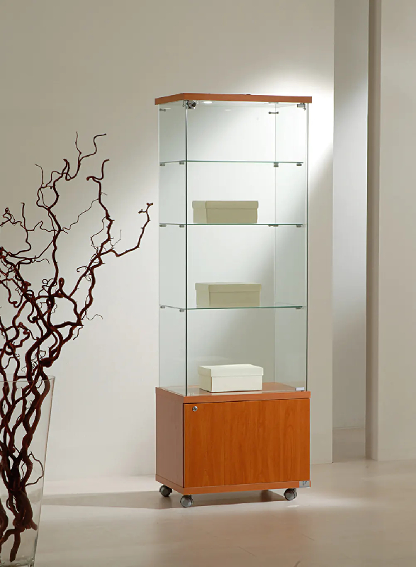 Vitrine d'exposition 6/18LMVA en verre trempé - cerisier avec meuble de rangement et roulettes_0
