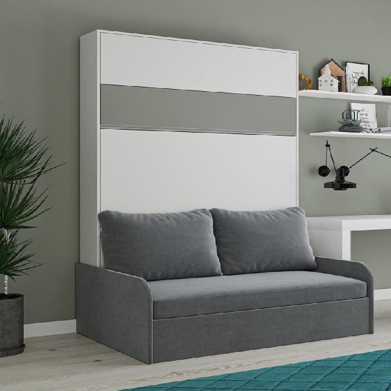 ARMOIRE LIT ESCAMOTABLE BERMUDES SOFA BLANC BANDEAU GRIS CANAPÉ GRIS 160*200 CM_0