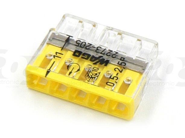 BORNE WAGO 2273 - 205 5 X0.5 À  2,5MM² TRANSPARENT / JAUNE - LOT DE 100