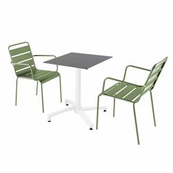 Oviala Business Ensemble table de terrasse stratifié ardoise et 2 fauteuils vert cactus - vert métal 110754_0