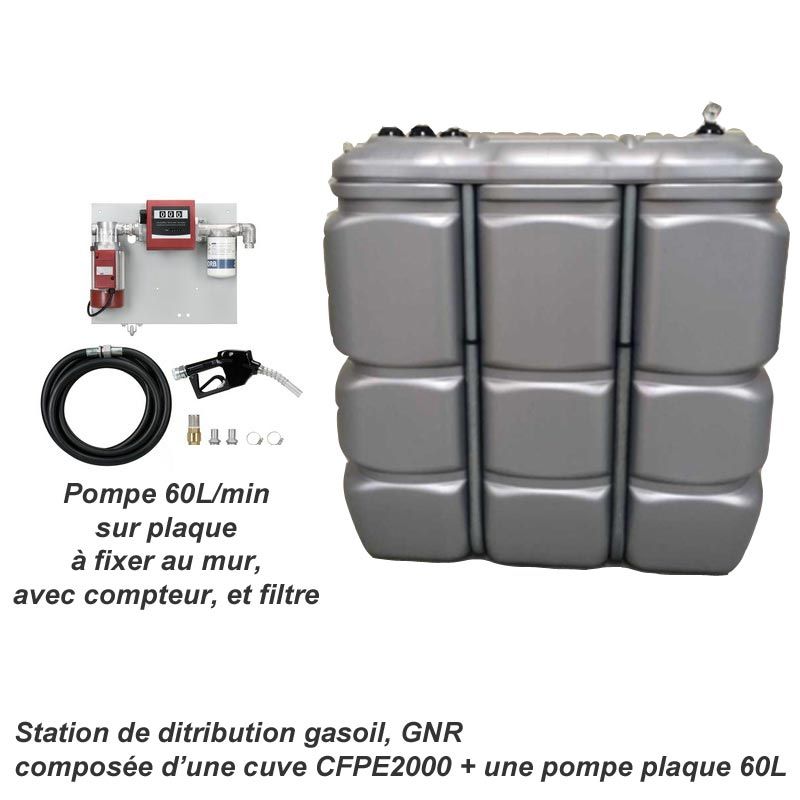 Station de distribution gasoil 2000 L - Cuve CFPE2000 double paroi PEHD - Pompe électrique 60L/min avec compteur et filtre_0