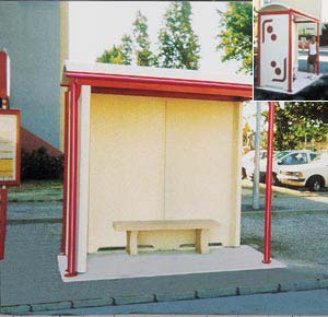 Abri bus - structure en acier - banquette incluse - 270 x 120 cm - toit galbé en béton blanc_0