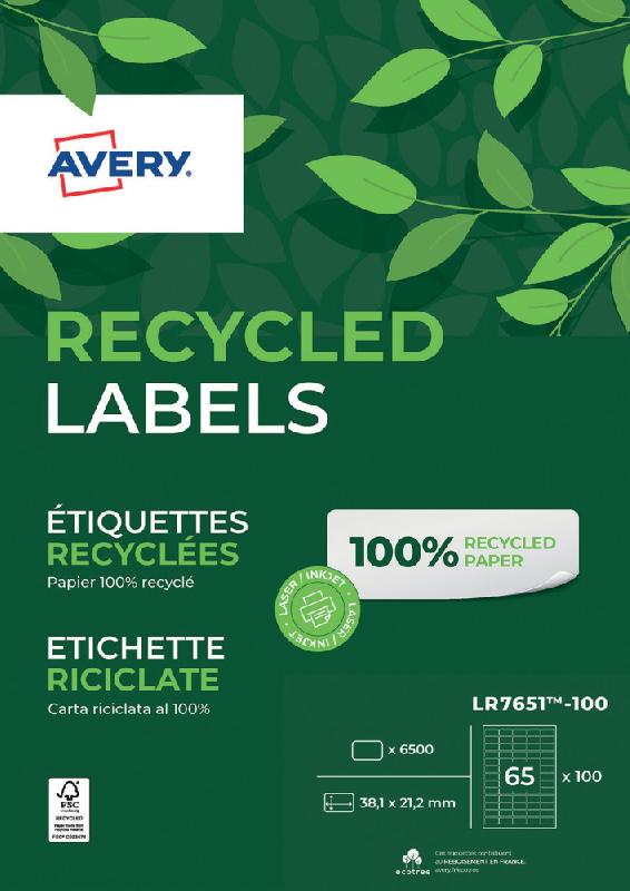 AVERY LR7651 ETIQUETTES ADRESSES BLANCHES 100% RECYCLÉES 38,1 X 21,2 MM - BOÎTE DE 6500