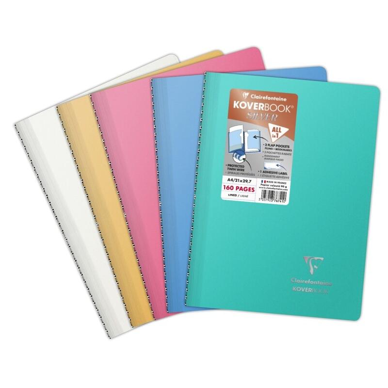 Clairefontaine Lot de 5 Cahier Kover Book Silver 21x29,7, 160p./80 feuilles 90 g/m² rel. Intégrale, couv. Métallisées assorties (5), ligné - 3037_0