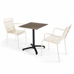 Oviala Business Ensemble table de jardin stratifié et 2 fauteuils en métal ivoire - Oviala - beige métal 110146_0