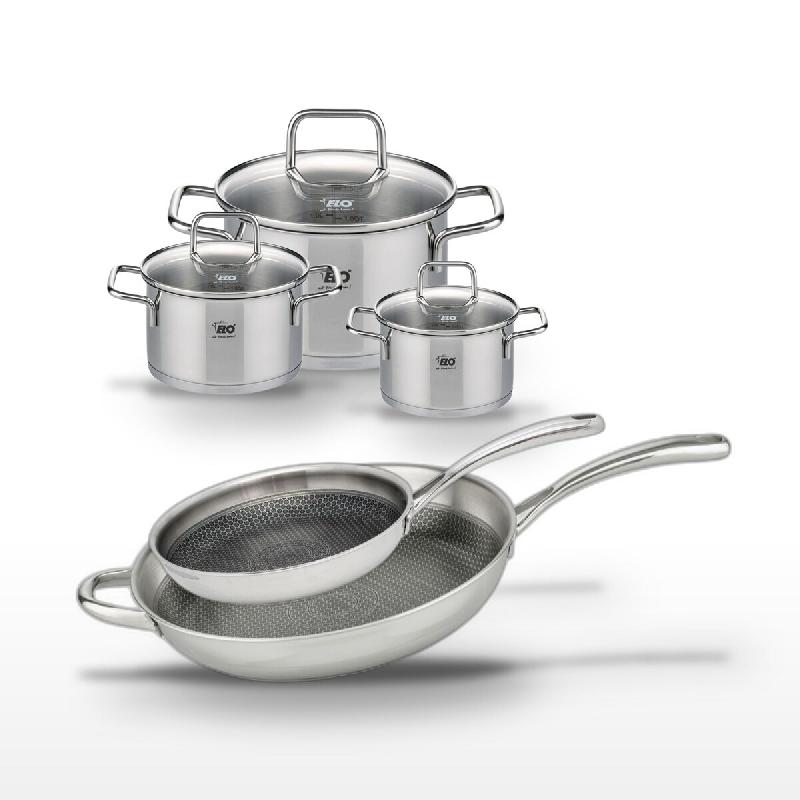 Lot 2 Poêles 28/32cm et 3 Faitouts 12/14/20cm Elo Relief Evolution - gris inox 3176239955798_0