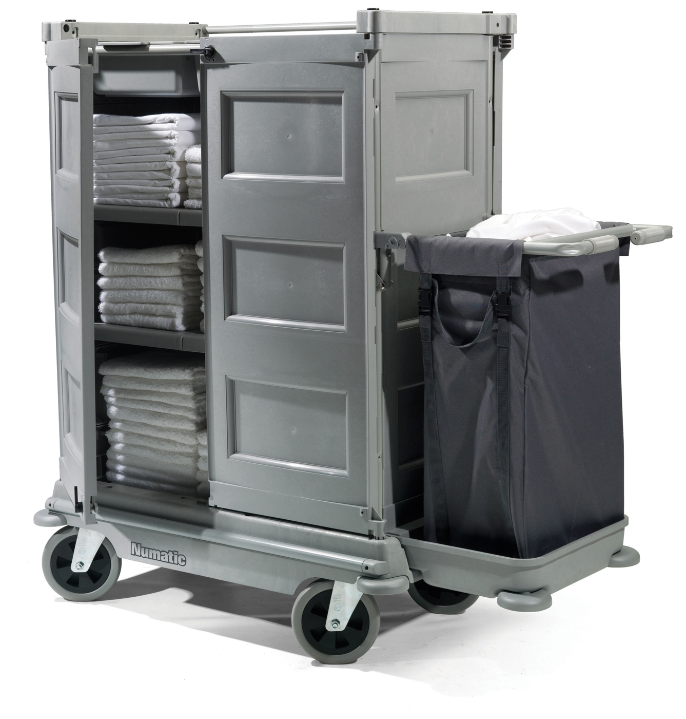 Chariot hôtelier grand volume Nkt21hf - 5 bacs coulissants, 3 étagères, sac de ramassage et système HF_0
