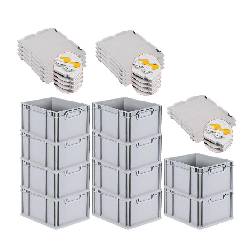 PROREGAL 10x Bac Euro NextGen Economy couvercle à charnières, fermetures à glissière jaunes, poignées fermées, 22x30x40cm, 20L - noir plastique_0