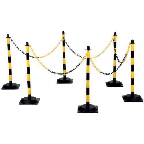 LOT DE 6 POTEAUX JAUNE/NOIR AVEC SOCLE ET CHAÎNE POLYÉTHYLÈNE 25 M - CRASH STOP