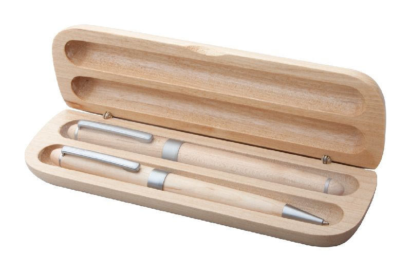Set écriture en bois naturel - Stylo-bille et roller dans boîte cadeau - Encre bleue_0