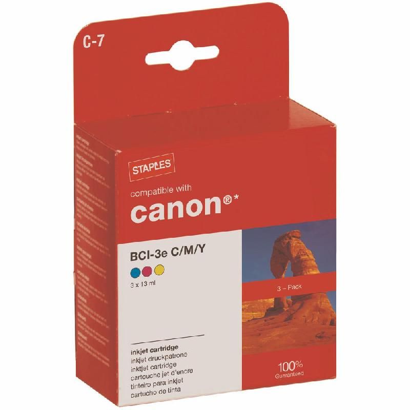 STAPLES CARTOUCHE D'ENCRE COMPATIBLE BCI-3E C/M/J (4180476) - PACK DE 3 - COMPATIBLE: CANON - COULEUR: CYAN, MAGENTA, JAUNE (LOT DE 3 CARTOUCHES)