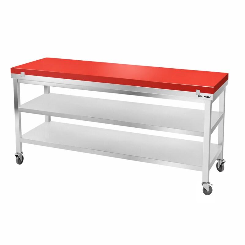 Table de travail en inox 2000x700 mm avec plaque de découpe rouge et 2 étagères sur roulettes PREMIUM - GOLDINOX - gris inox 3701770840137_0