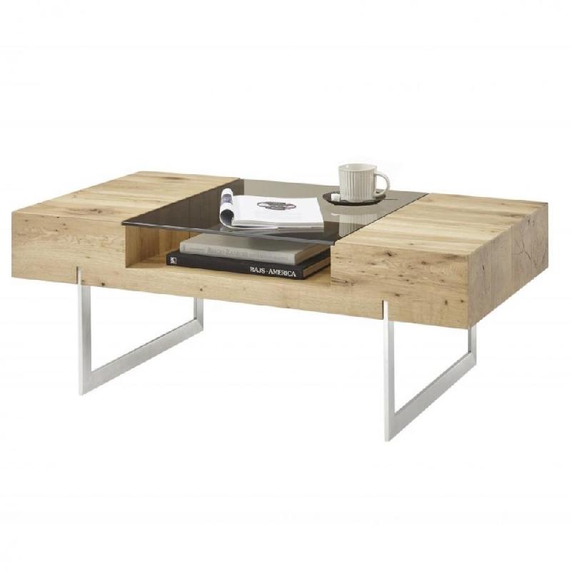 TABLE BASSE DESIGN REWA PLACAGE EN CHÊNE NOUEUX HUILÉ ET PLATEAU EN VERRE TEINTÉ_0