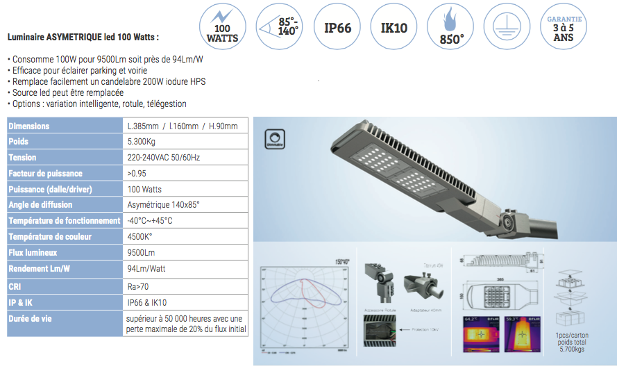 Tête de mât - Candélabre 100W pour éclairage public - 9500Lm - LED remplaçable_0