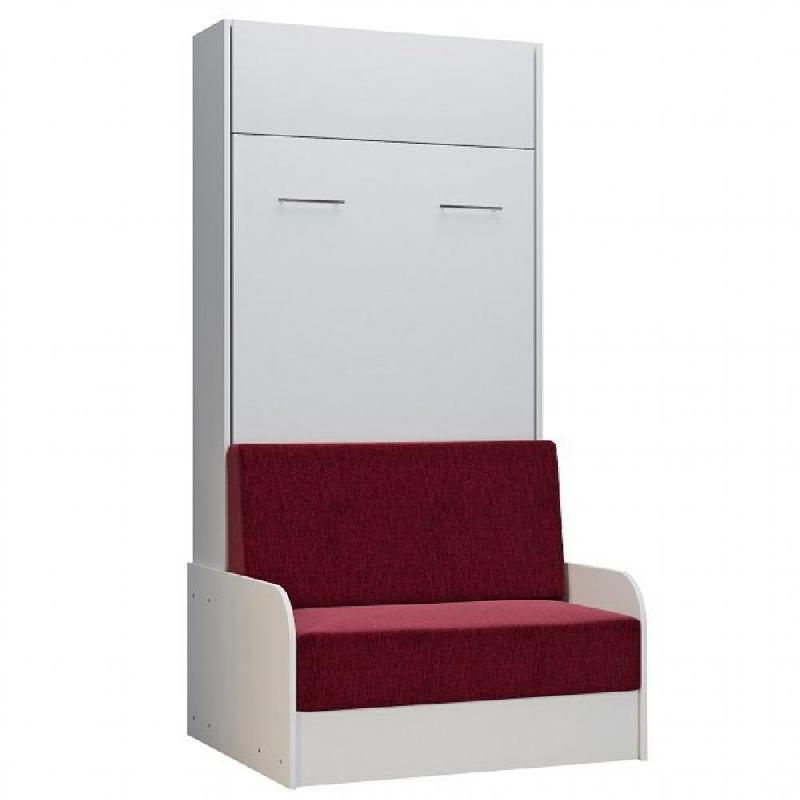 ARMOIRE LIT ESCAMOTABLE DYNAMO SOFA CANAPÉ ACCOUDOIRS BLANC TISSU ROUGE 90*200 CM_0