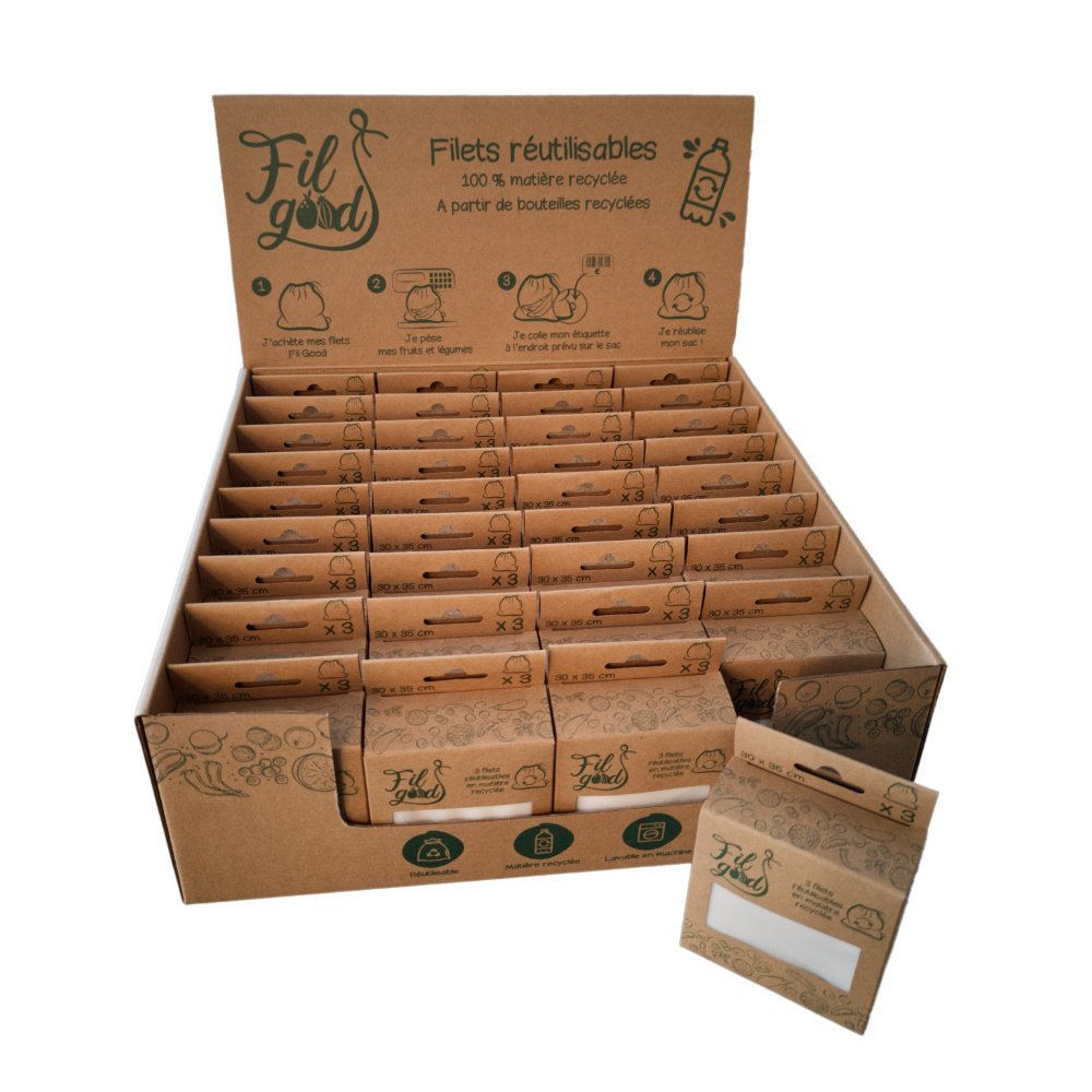 36 packs de 3 filets réutilisables en matière recyclée - 30x35 cm - boîte prête à vendre (108 filets au total)_0